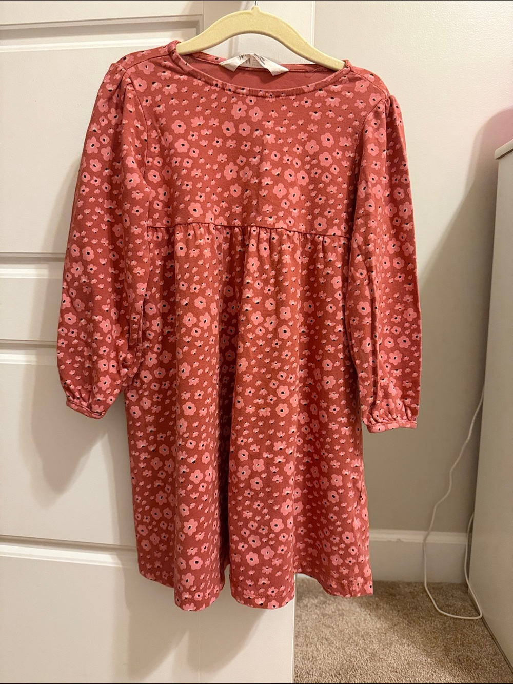 H&M Girls' Coral Pink Floral Long-Sleeve Dress
